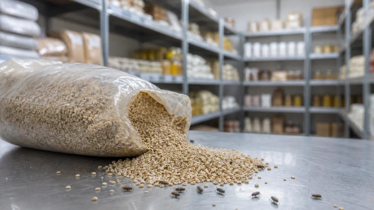 Revisión de paquetes de harina y cereales en el almacén de una tienda de alimentación