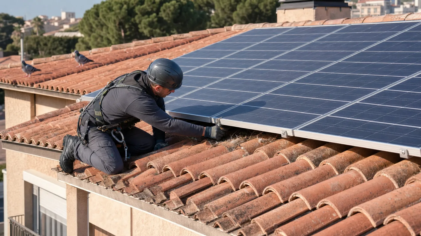 Técnico inspeccionando palomas bajo placas solares en un tejado de Granollers